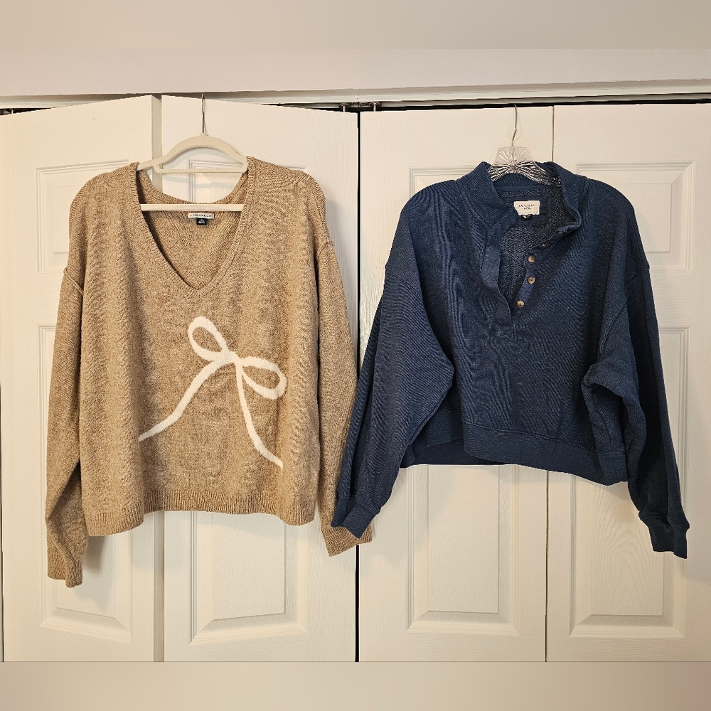 White Bow & Beige Sweater and Navy Sweatshirt Duo - NWOT